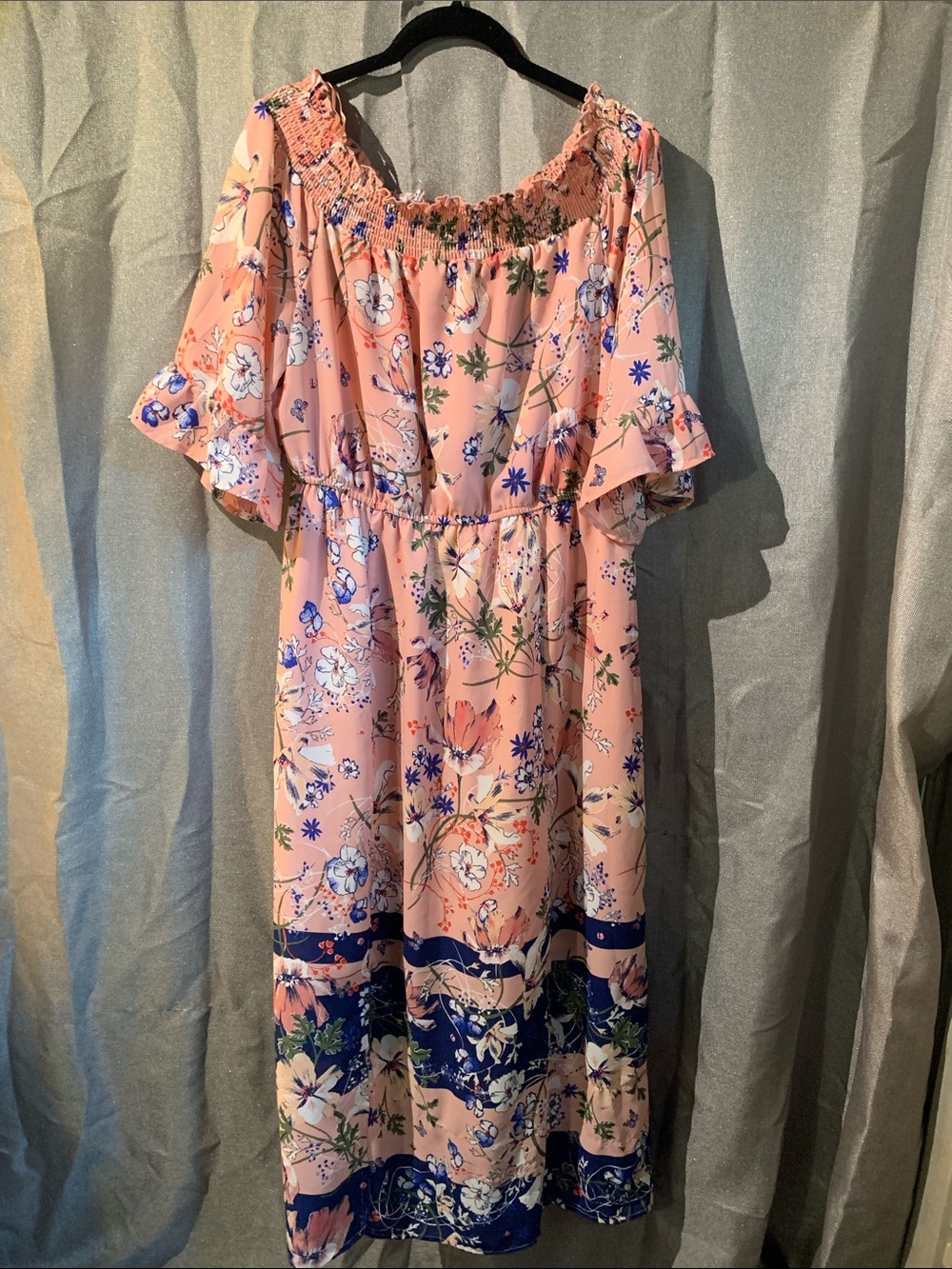 Westport Peach Floral Off-Shoulder Midi Dress with Navy Border